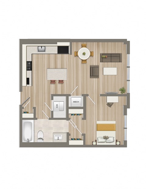 Floor plan for 1 bed, 1 bath, 522 sqft